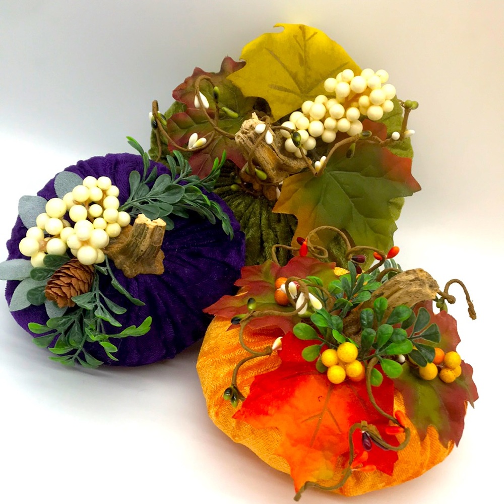 Trio of 3 Handmade Velvet, Poly filled Pumpkins - Picture 1 of 12